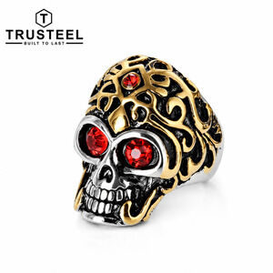 Men’s Skull Ring Red CZ Eyes Gold 316L Stainless Steel Gothic Biker Size 10